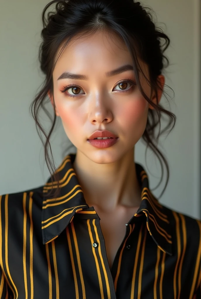 Woman in black and gold striped button down shirt