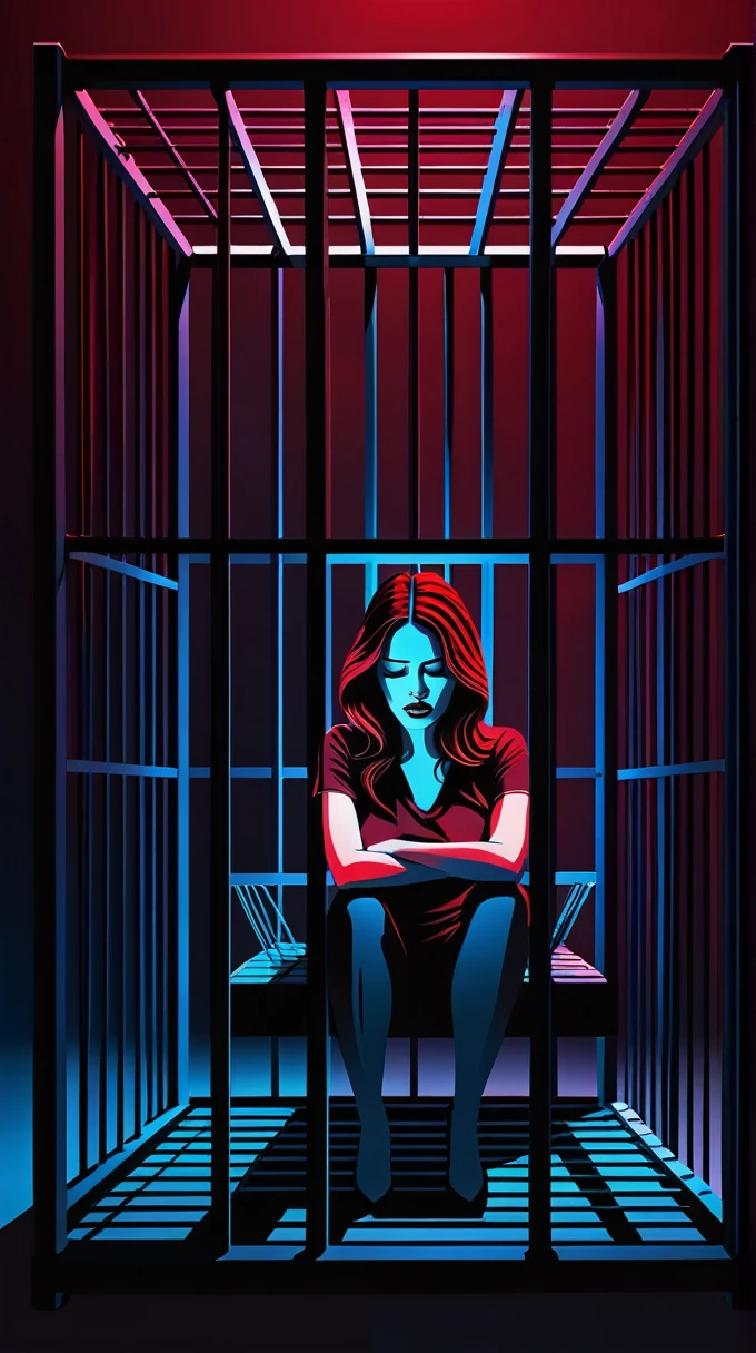 A woman, trapped in a mental cage with bars made of words like 'laziness,' 'excuses,' and 'fear,' dark theme manipulation, dark red, black, dark blue, neon colors, dark lighting.