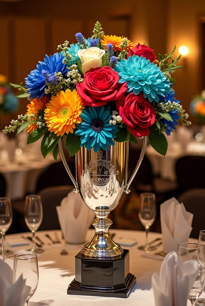 trophy as vase with blue, red, yello, turquoise, and orange flowers on it. it is a table centerpiece for a sports related dinner event 