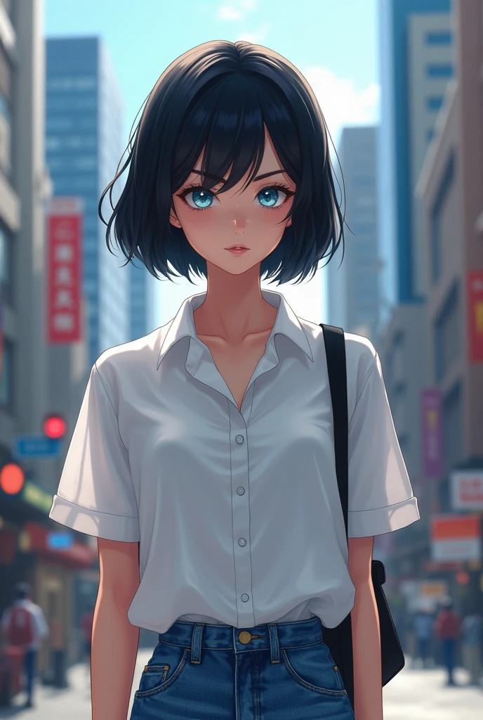 1girl, short black hair, blue eyes, wearing plain white shirt, denim shorts, city, absurdres, high res, ultrasharp, 8K, masterpiece, looking at viewer