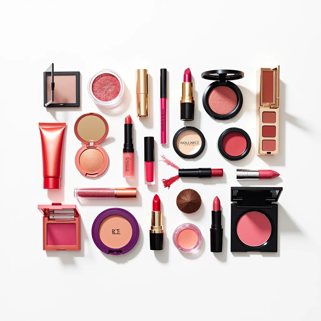 "Colorful cosmetics of various types neatly spaced on a white background, arranged to create a stylish, editorial look."