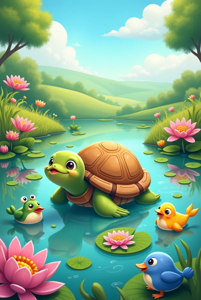 A turtle who's friends are duck, frogs, fishes and flowers in the pond 2d cartoon
