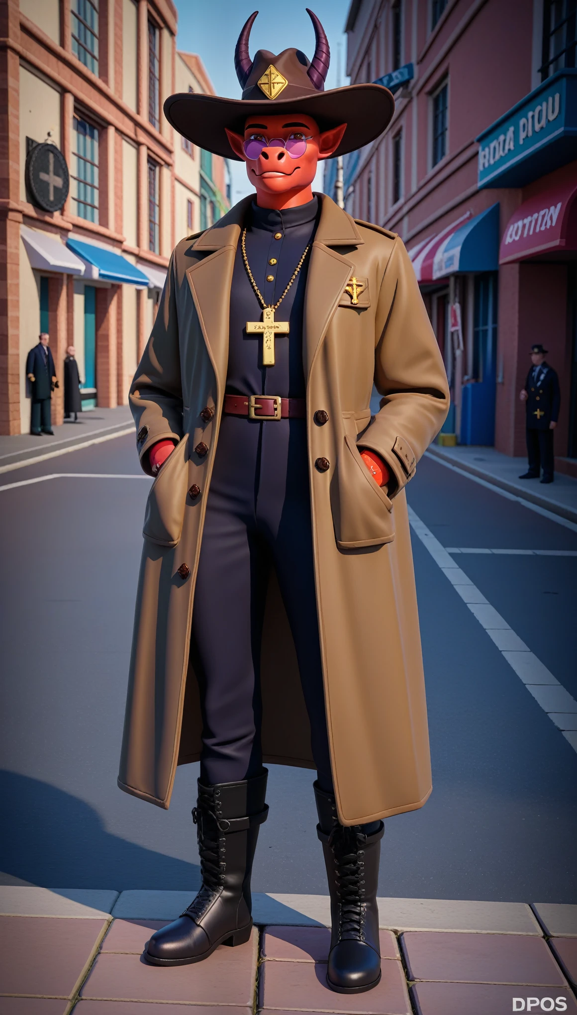 score_9, score_6_up, source_anime, [source_anthro], rating_safe, [rating_explicit],

Demon Hunter, equipped with two pistols, with a large hat that partially covers his face, a masculine and battle-hardened man, wearing a long black trench coat, Protection symbols all over his body., purple glasses, pendants on your neck, religious rosary, ruthless and professional, work boots and an old watch in his pocket, In the background a city with a bell tower where the bells ring, dark atmosphere, 3d illustration, high quality, realistic and very detailed, A masterpiece,physically based representation，holding the gun with both hands，aim at you