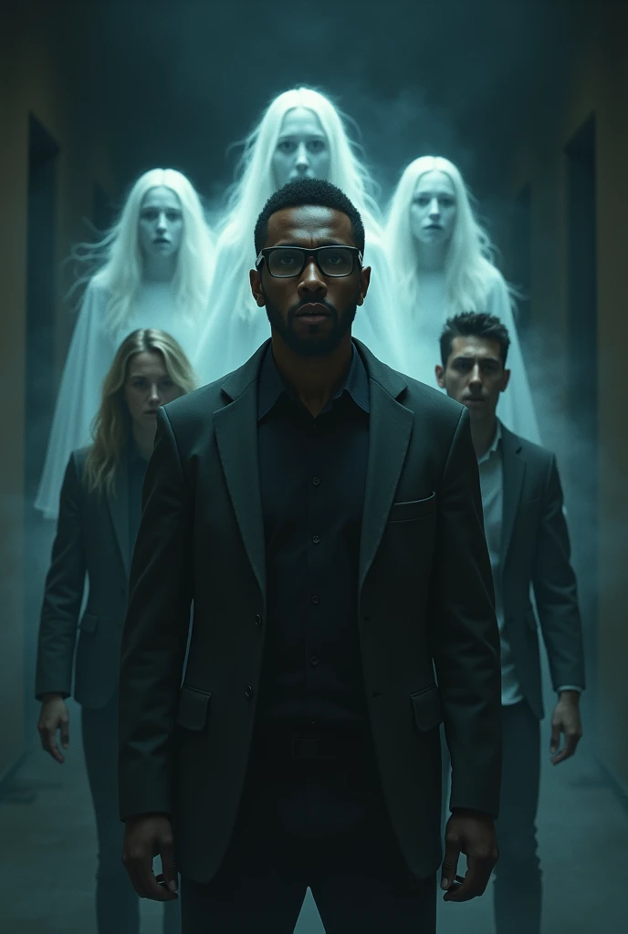 Three guys, two white guys and a black guy with glasses, looking scared with three female ghosts creeping up behind them