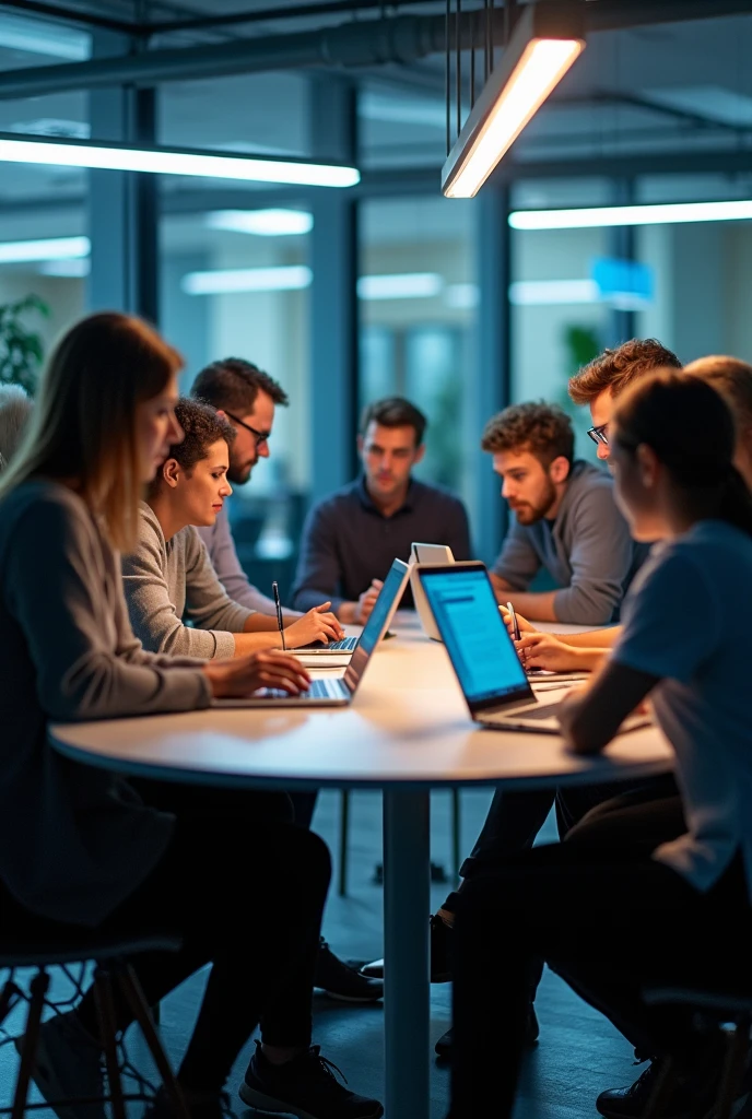 Generate ai image that consists of few people are seating in a round table that learning coding and making note in a book.