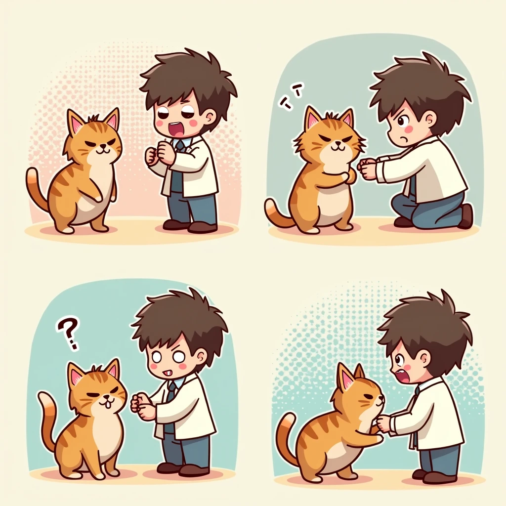 Chibi Style, Four-panel comic strip, dot halftone, Flat Color, Cat hates getting injections,A man is about to give a cat an injection in its buttocks.,I'm standing my hair up,The fangs are sharp, Angry, Anger Mark,