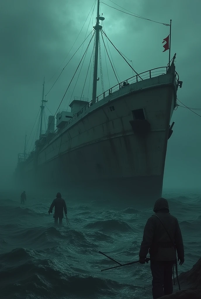 A old small haunted ship in the ocean in a dark misty ackground and rescue workers in inside the ship found people dead 