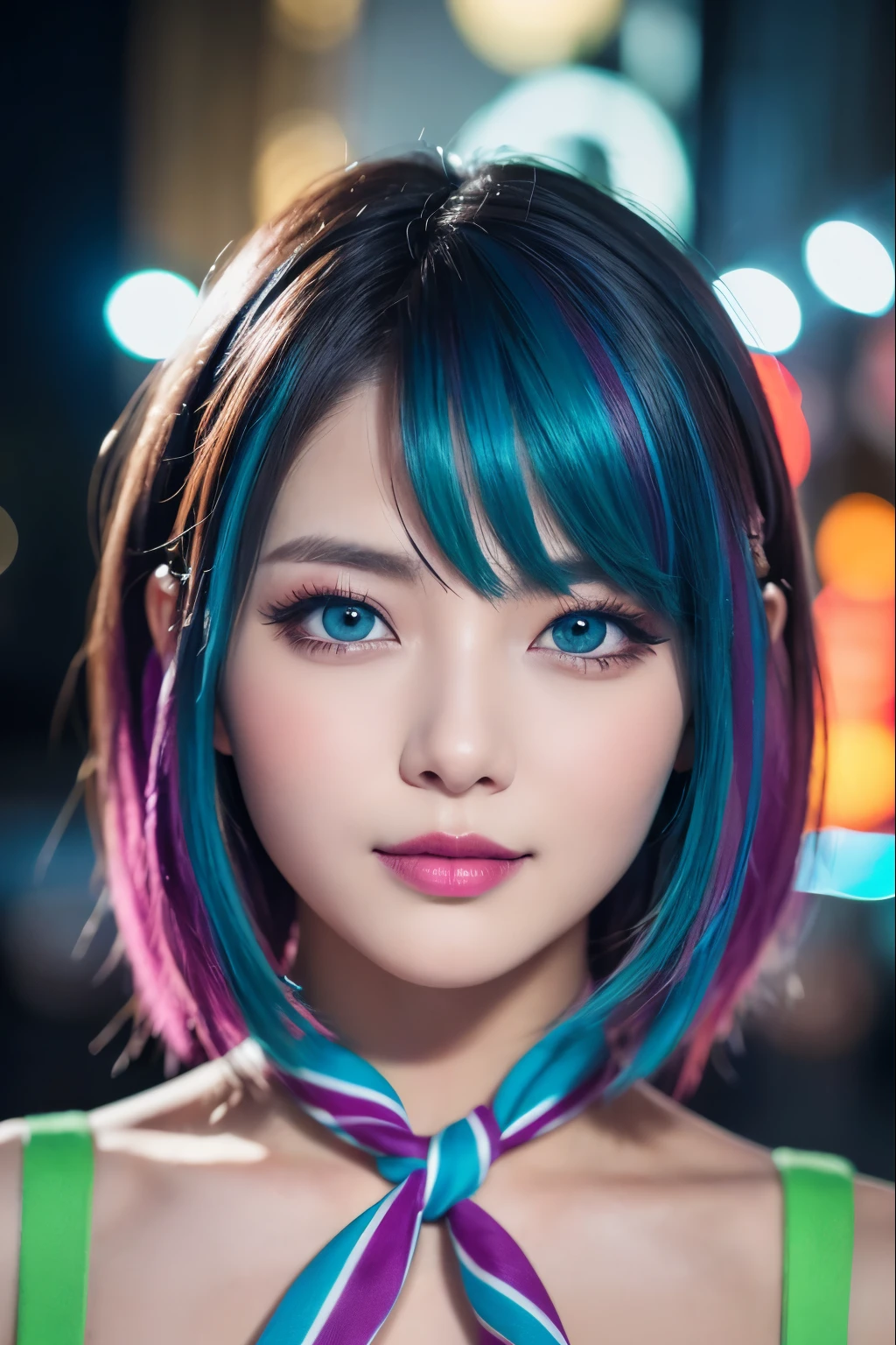 high quality, Genuine、High resolution, Realistic、8k、masterpiece, detailed.impressive, Cutting-edge female photography portraits、Happy expression、Looking into the camera、cyan, Purple and, Her vibrant makeup Genuinely catches the eye.. Her colorful hair is tied up high、Different hair colors、Neon Town、night