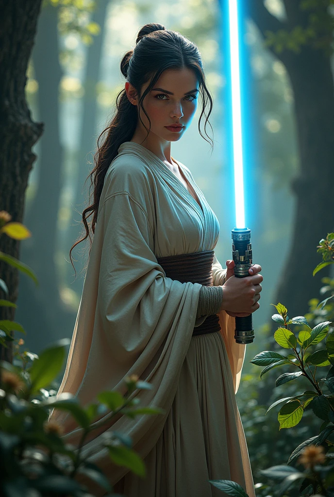 beautiful female anakin skywalker, jedi robes, with single lightsaber blue glow, battlefield background, lush forest area