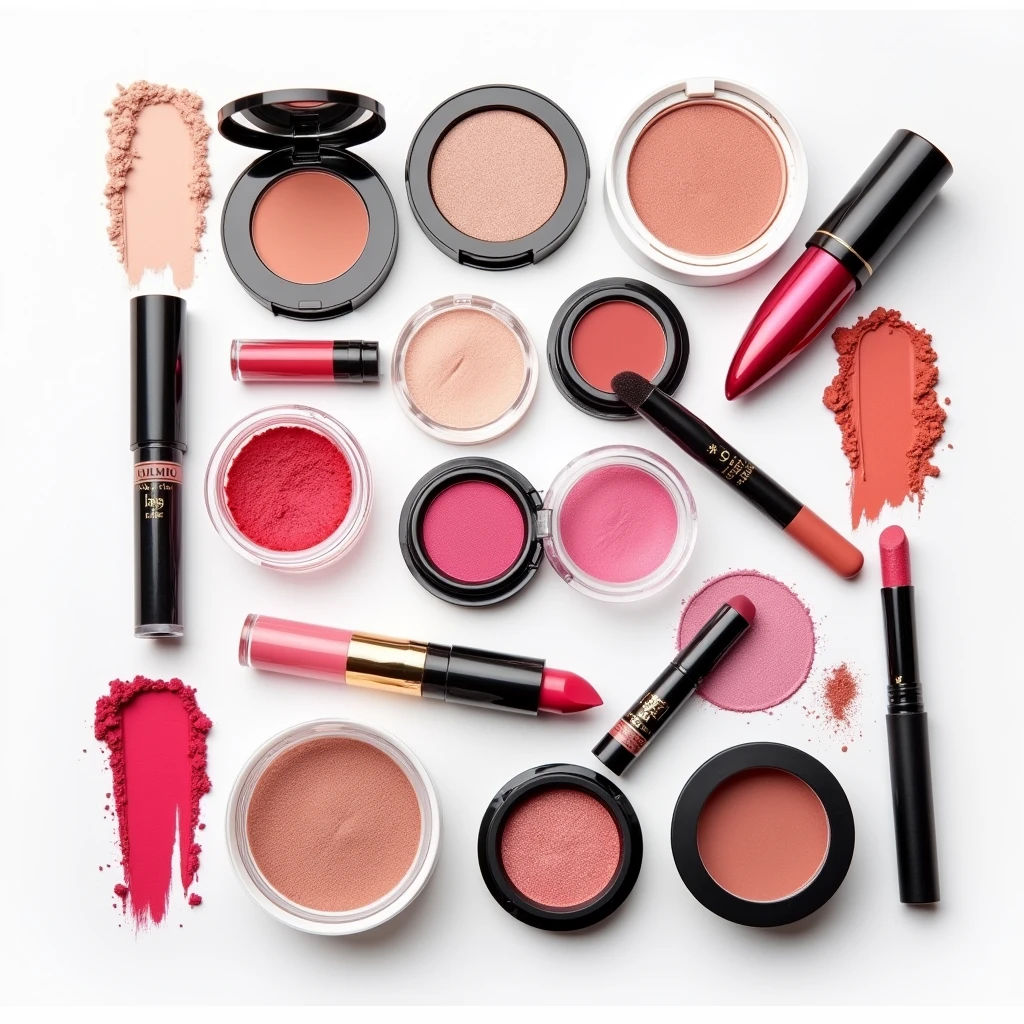"Colorful cosmetics of various types neatly spaced on a white background, arranged to create a stylish, editorial look."