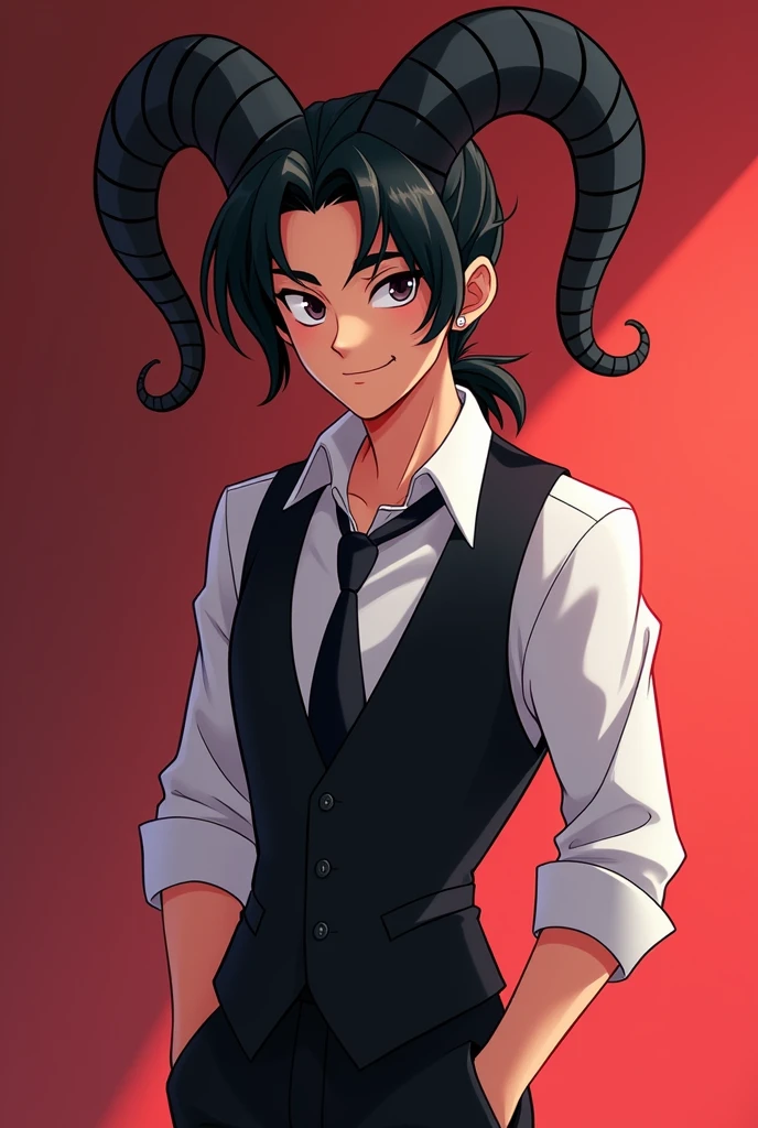 A guy with short black ponytail hair, vest suit, Wide and chubby goat horns and seductive look in the animated version of the Hazbin Hotel series of male gender, that is, a young and attractive man