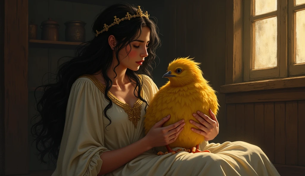 Setting: The same room, now with a slightly dimmer, more melancholic atmosphere.Characters: The golden bird, looking sad and weary, and Princess Brazbala, now worried and pleading.Focus: The bird is expressing its longing to return home, with the princess holding it gently, looking concerned and emotional.