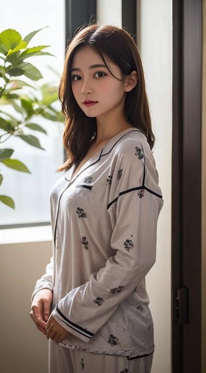 A gril surrounded by black roses, and the sunlight is streaming through the window, creating a warm and inviting atmosphere. She is wering her wet pajama, asia myanmar girl, realistic, best quality, photo-realistic 8k, (best quality:1.1), masterpiece, (realistic:1.1), photo-realistic