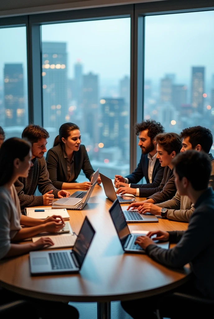 Generate ai image that consists of few people are seating in a round table that learning coding and making note in a book. Generate it in a full screen ratio 