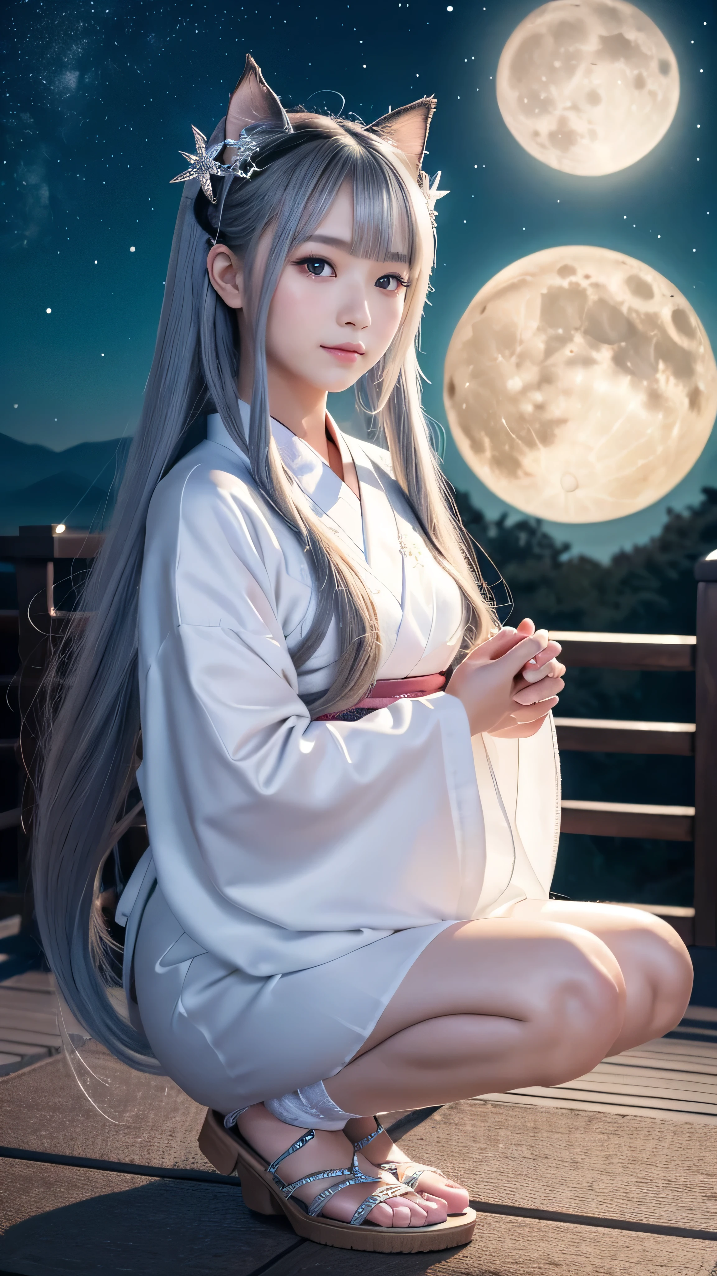 **Prompt:** Create an ultra-realistic 8K resolution image of Tsukuyomi, the Japanese moon god from Shinto mythology, reimagined as the ultimate moe character while retaining the deity's iconic features. Tsukuyomi is depicted with an adorable, youthful appearance, featuring large, shimmering silver eyes that exude a gentle and innocent charm. Her long, flowing silver hair is styled in soft, voluminous waves with cute hairpins shaped like crescent moons and stars, adding a playful touch.

Her outfit is a blend of traditional and modern moe fashion, with a short, frilly kimono in shades of pale blue and white, adorned with delicate moon and star patterns. The kimono has oversized sleeves and a ribbon tied around her waist, creating a cute and enchanting silhouette. She wears knee-high socks with little moon charms attached, and her sandals are decorated with tiny stars.

Tsukuyomi's expression is sweet and slightly shy, with a gentle blush on her cheeks. She holds a small, glowing crescent moon in her hands, which emits a soft, calming light. Her posture is demure, with one hand gently touching her cheek as she gazes up at the night sky.

The background is a serene, moonlit landscape with sparkling stars and a gentle breeze, creating a peaceful and enchanting atmosphere. The setting perfectly complements Tsukuyomi's moe transformation, blending the deity's celestial origins with the irresistible charm of a modern moe character, resulting in a figure that is both captivating and heartwarming.