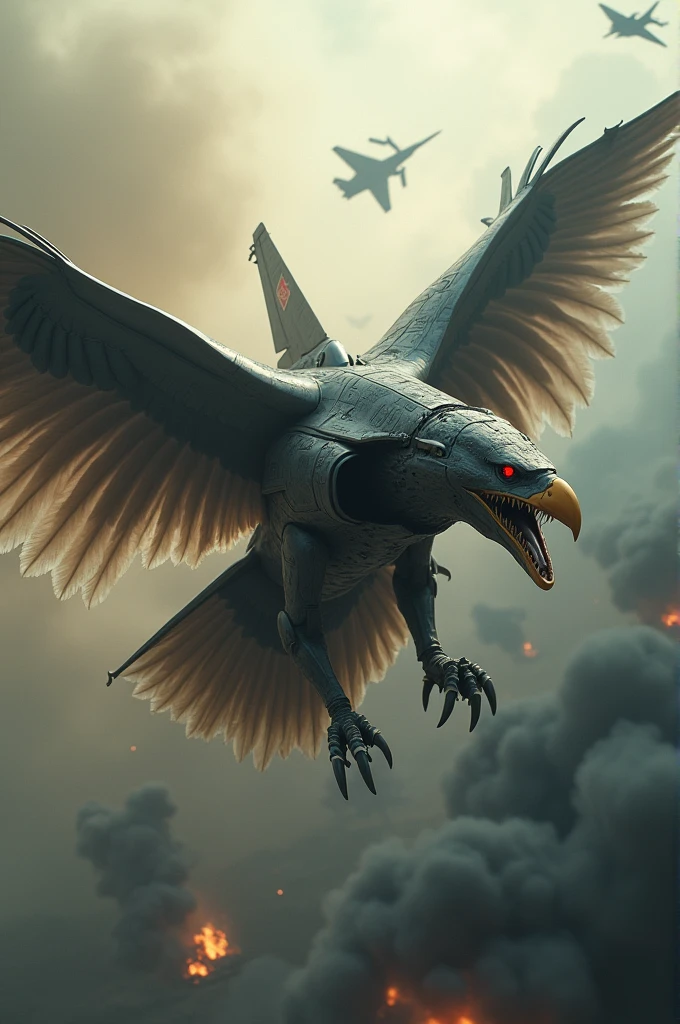 A cruel eagle combined with f16 fighter jet lassed with missiles flying in air background is wars