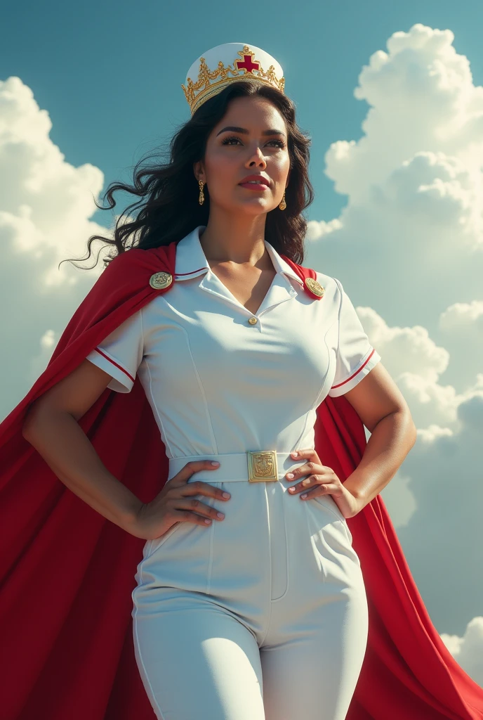 Naked Latina nurse with cape and crown