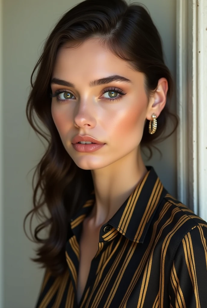 Woman in black and gold striped button down shirt