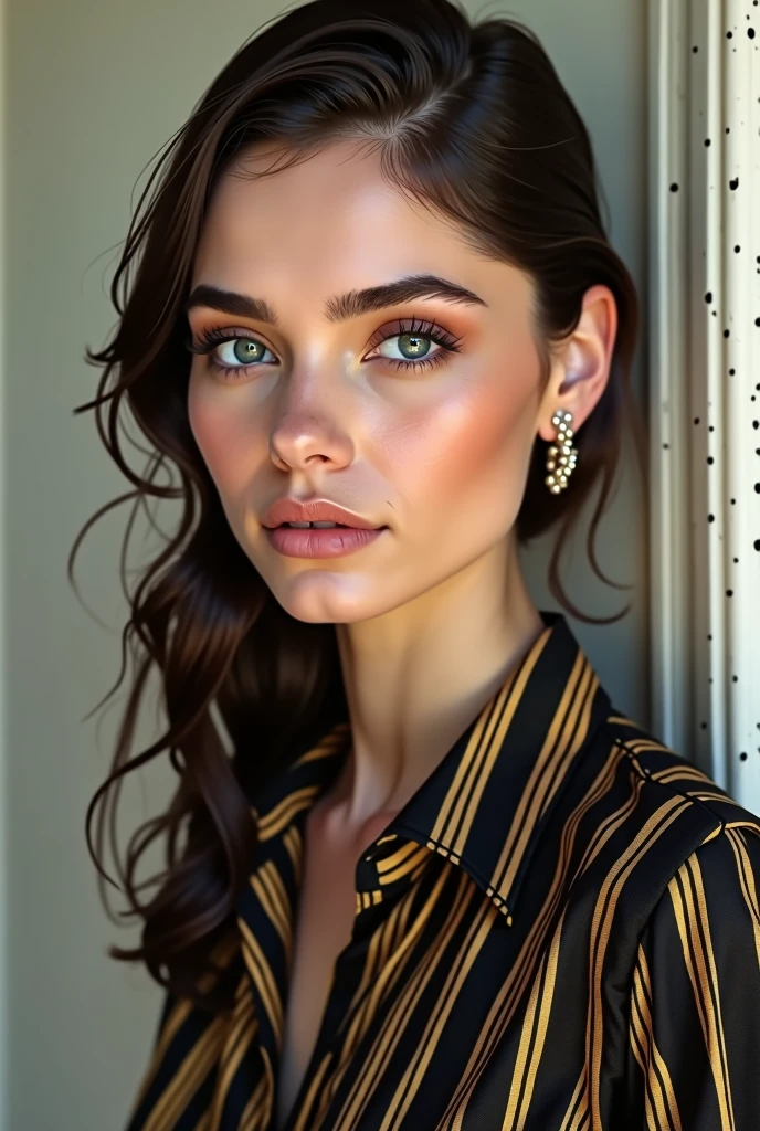 Woman in black and gold striped button down shirt