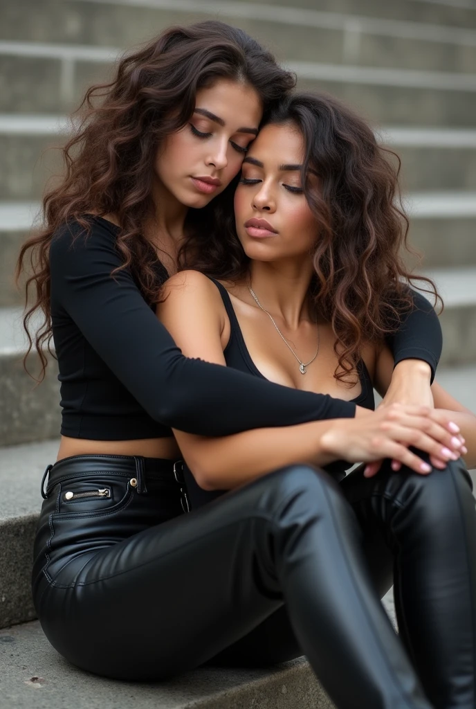 A brunette girl with curly hair in leather pants with her head on the shoulders of her girlfriend that sits on her lap on stairs, taking a realistic photo while hugging and touching boobs