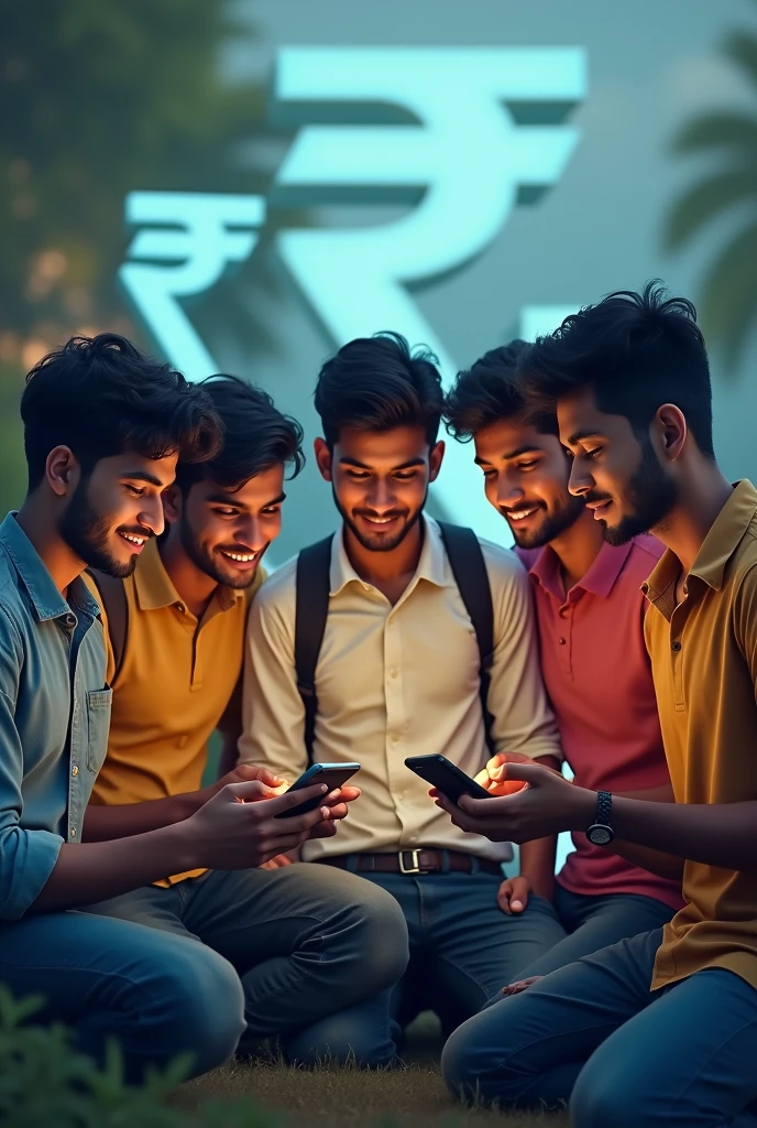 A group of 5 young Indian male students sitting around and using smartphones to earn money . Background contains the word "Money Minded" and Indian rupees symbol seen in background .