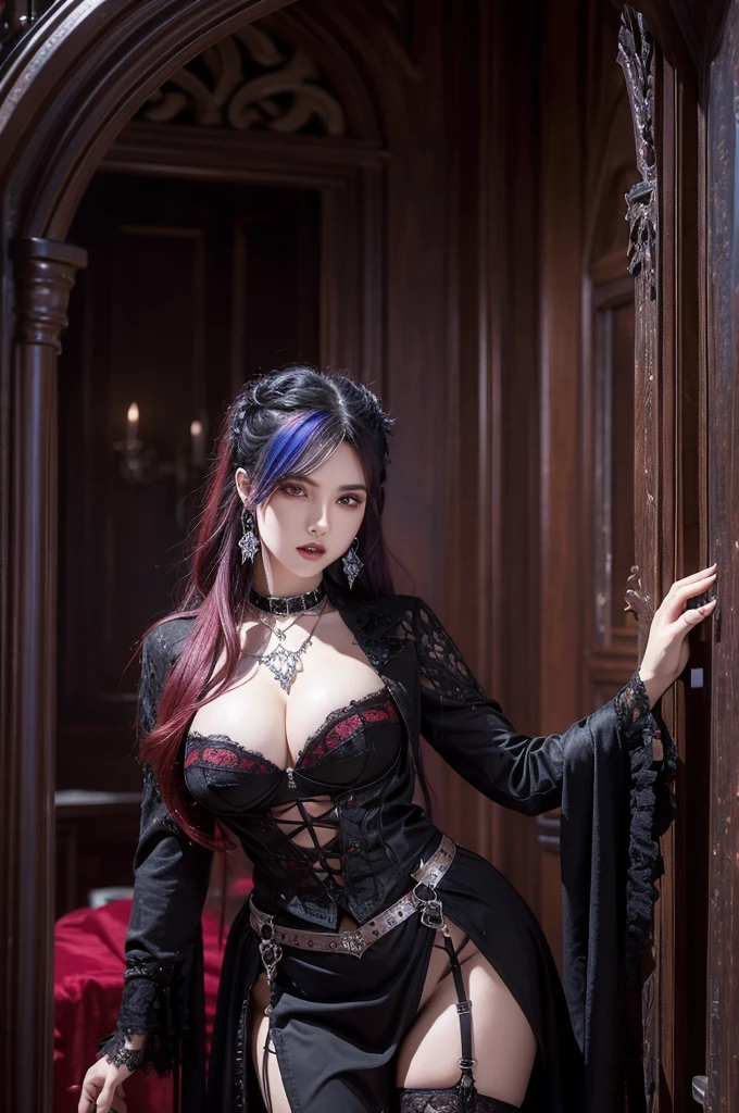 Ruby Rose, multicolored hair,platinum eyes,large breasts, various hairstyles, thick thighs, wide hips, Gothic room, background, large cleavage, demon hunter clothes,Gothic huntress,thong, Gothic skirt, obsidian earrings, black necklace, mercenary equipment 