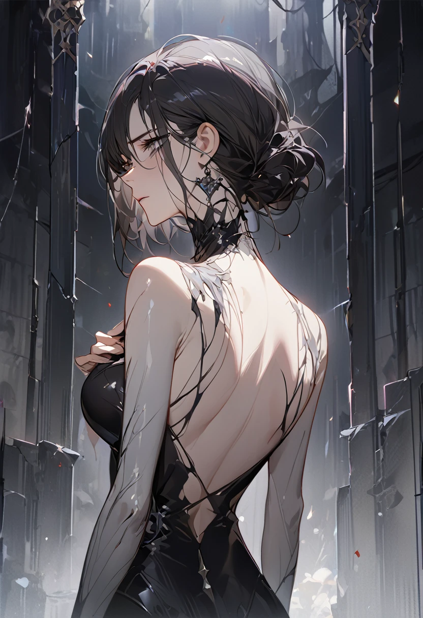 (A person, a mature, beautiful, thin woman, slender body, bruises, black hair halfway down her back, bright gray eyes, pendent_eye), REST, (the woman has a sad look while pressing her chest with both hands, about to shed tears , darkened look, crestfallen),BREAK,Conceptual art, masterpiece, Super detail, Attention to details, high quality, 最high quality, High resolution