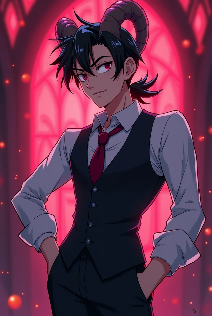 A guy with short black ponytail hair, vest suit, Wide and chubby goat horns and seductive look in the animated version of the Hazbin Hotel series of male gender, that is, a young and attractive man