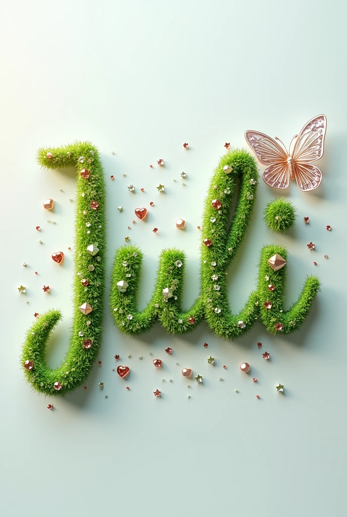 mesmerizing 3D illustration of the name "juli" presented with sophistication and elegance. The name is written in a captivating, delicate font, adorned with sparkling light Green grass letters. Each letter is adorned with lustrous metallic-colored crystals that glint and catch the light, drawing the viewer's gaze. A tender heart and a magnificent, intricately detailed glass butterfly add a romantic and enchanting touch to the composition. Set against a pristine