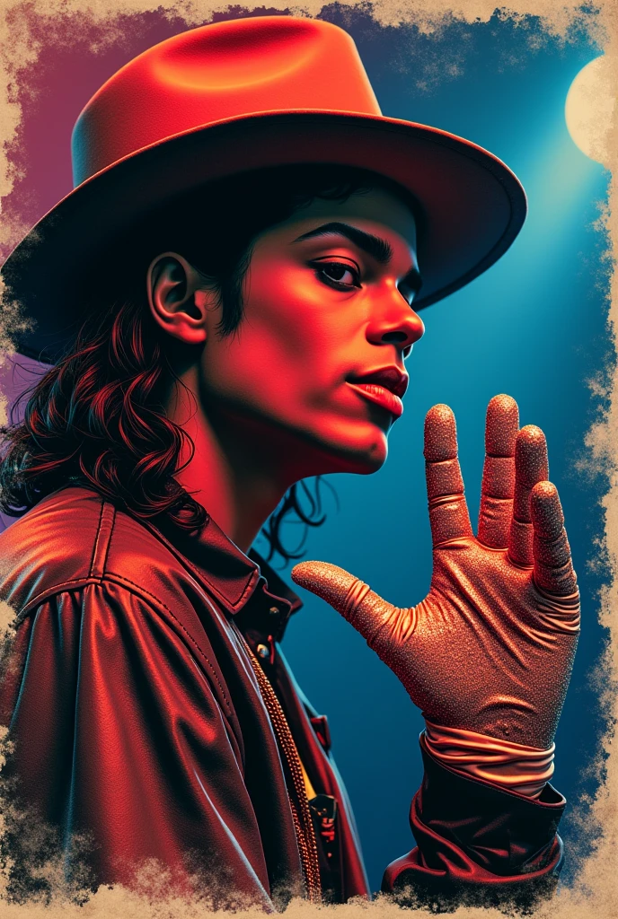 A 90's style musician poster featuring Michael Jackson with a blurry background of a stage, incorporating a fedora hat and single glove, and Jackson's distinctive moonwalk silhouette logo, retro, vintage, graphic, nostalgic, poster art. 