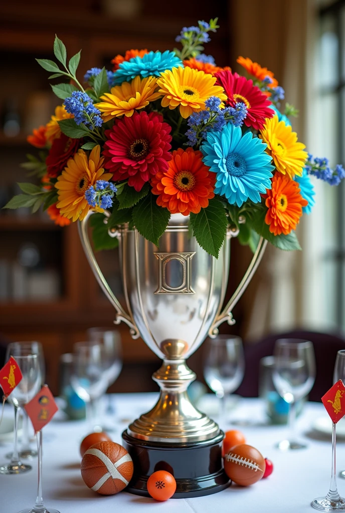 trophy as vase with blue, red, yellow, turquoise, and orange flowers on it and sports related mini flags and balls at the bottom. it is a table centerpiece for a sports related dinner event