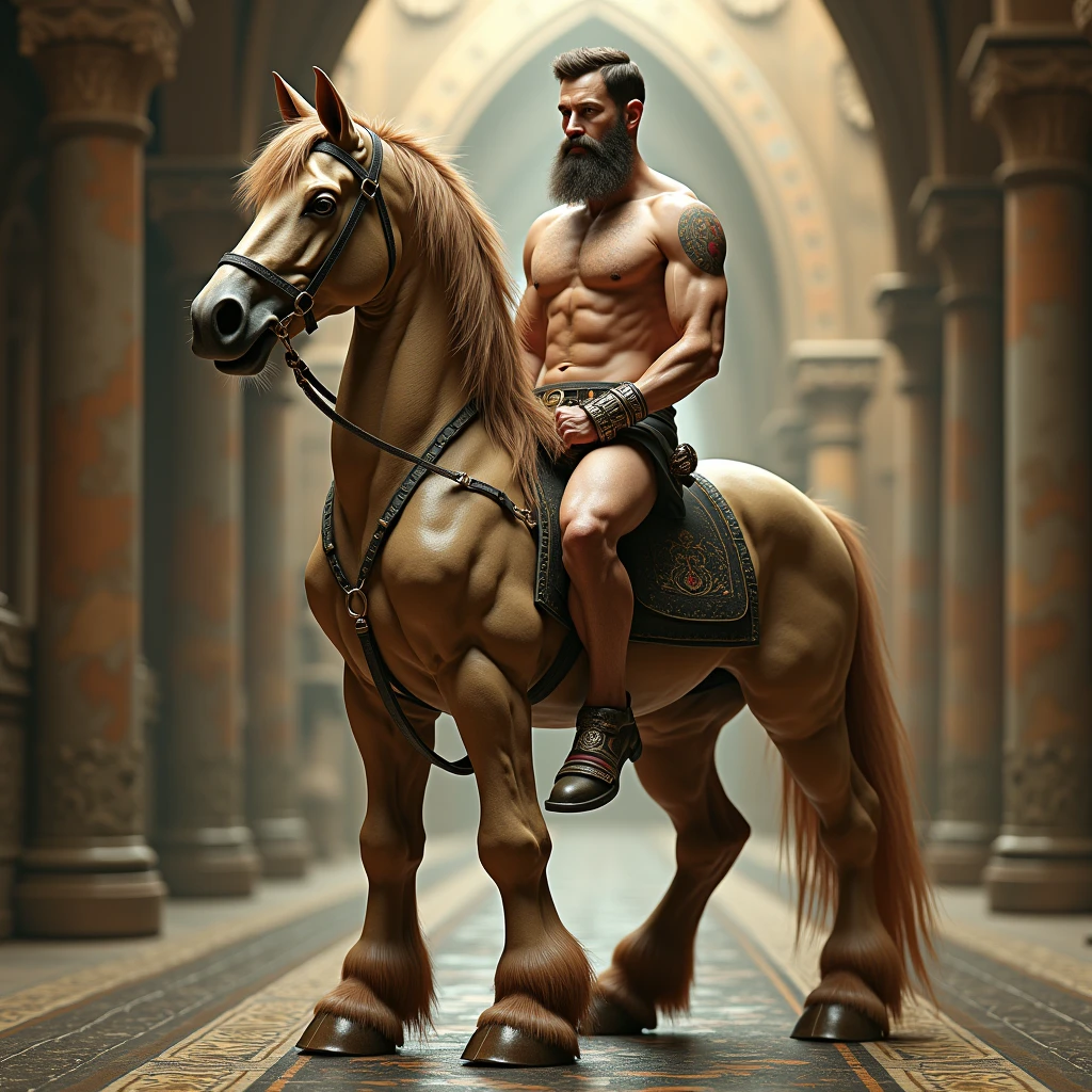 Centaur、An elaborate human face with a beard、Exquisite human chest、Exquisite human abs、Delicate human arm、Extremely detailed horse body、Exquisite horse legs、Muscular human torso、Muscular lower body of a horse、Complex fur texture、Dynamic pose、Surreal fantasy creatures、Cinematic lighting、Bright colors、Elaborate Background、Surreal、8k、Highest quality、masterpiece