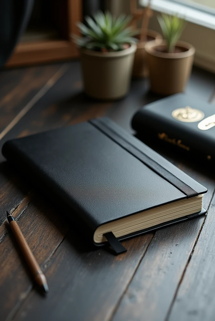 A diary with black covers that is very elegant to look at and with creamy white pages, a handmade paper of that specific color.