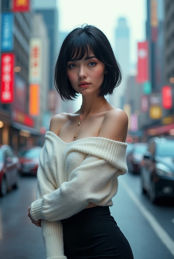 1girl, short black hair, blue eyes, wearing white off-shoulder sweater , black pencil skirt, city, absurdres, high res, ultrasharp, 8K, masterpiece, looking at viewer