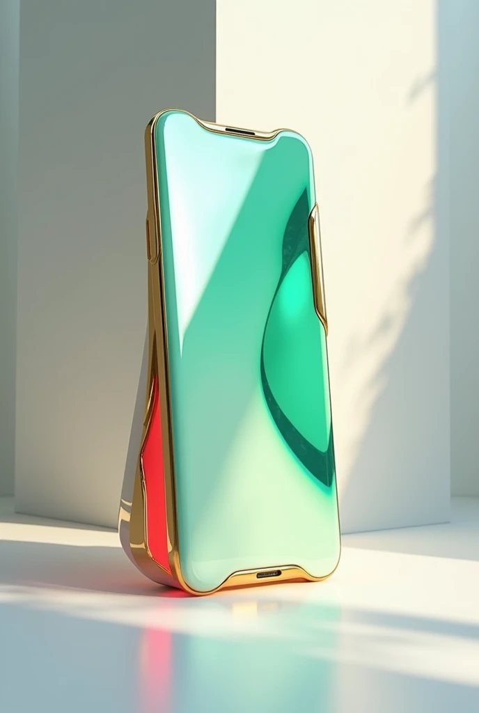 Create an image of a high-end cell phone with the colors green ,bright white and red , and golden edges