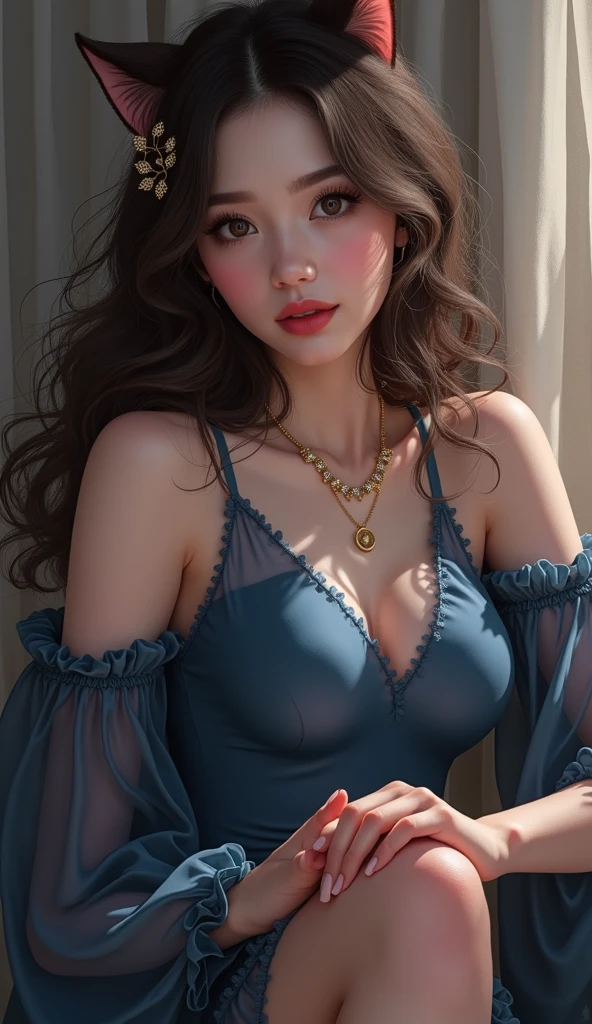 beautiful girl with cat ear hair clip accessory and wearing blue dress posing for a photo, a detailed painting by Lü Ji, cgsociety, digital art, fashion style a realistic beautiful girl at pixiv, realistic anime art style, realistic art style