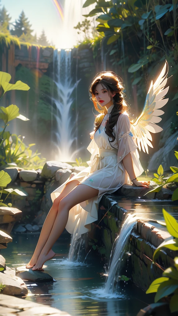 A beautiful angel with big rainbow wings sits on a waterfall.