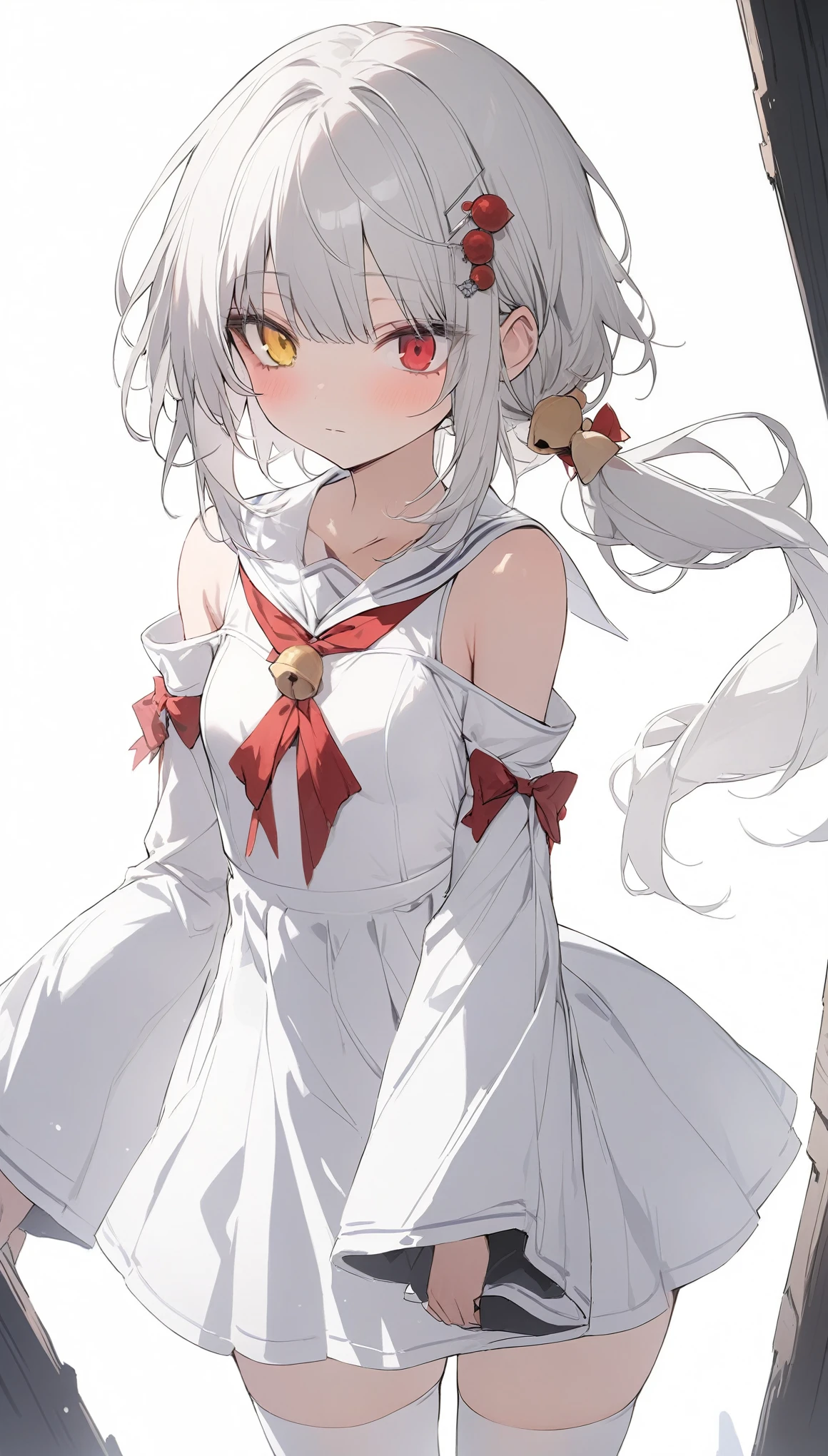 {{masterpiece}}, The best quality of life, 超High resolution, Attention to detail, high quality, High resolution, 最high quality, 4K, 8k,Attention to detail,((White medium hair、Low Ponytail、curi inside hair、Gray Hair))) hair ornaments、One Woman、Small breasts,((expressionless、slant eyes,))((Perfect red and yellow eyes)) ,((Heterochromia iridis)) ,((White background))、(((White long-sleeved sailor dress、Cold-Shoulder Sleeves、Bell Sleeves、White Knee-high boots)))Cowboy Shot、Watching Me