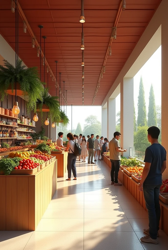 6x4 meter commercial space, Modern Mexican style in light colors, farm products, customers inside, 50 centimeter front overhang of red annealed clay tiles, reverse angle view, 