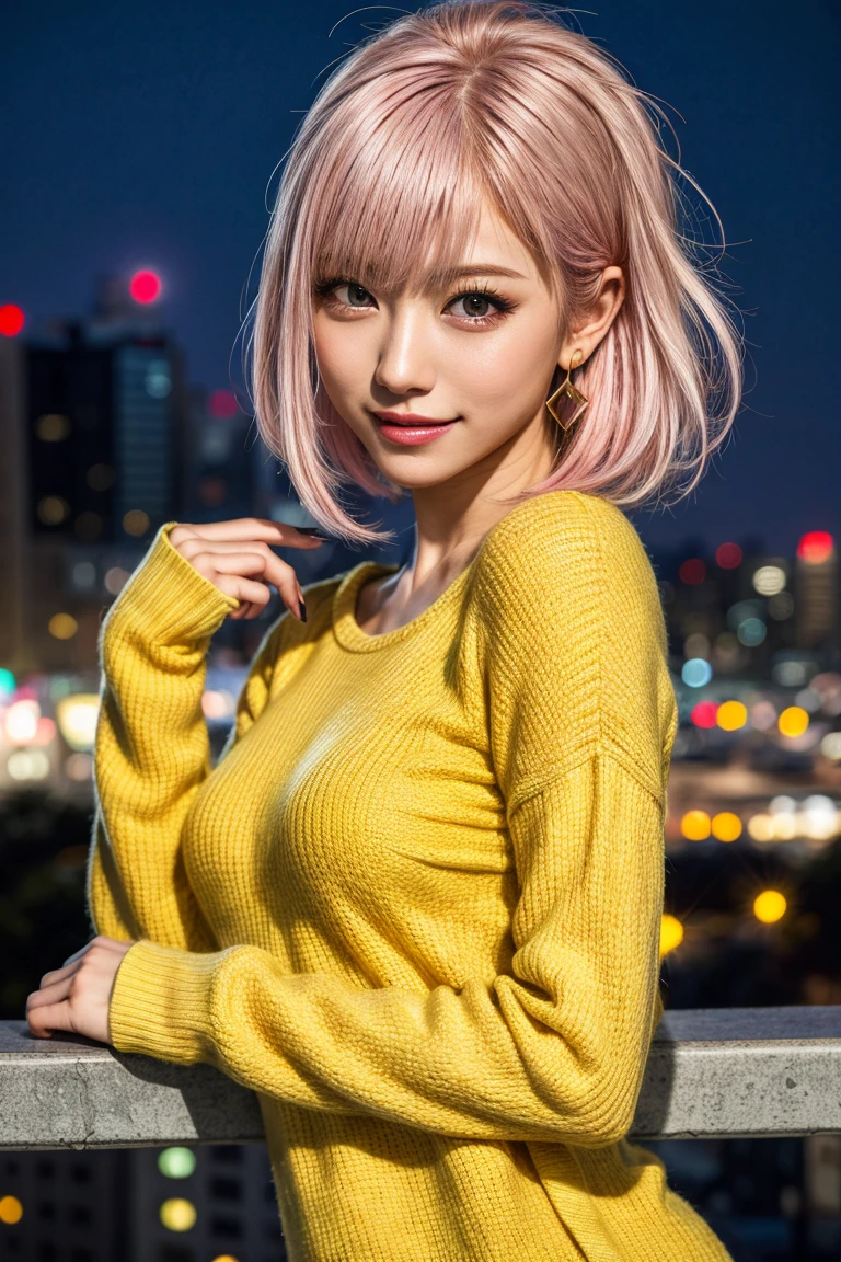 Highest quality, Tabletop, Ultra-high resolution, (Realistic:1.4), (Japanese Idols),RAW Photos, One Girl, night,Detailed skin,Blurred cityscape of South Korea,,Blonde, (Pink inner hair:1.3),Glossy Lips,smile,(Model pose:1.2),2,Beautiful and beautiful eyes,Diamond jewellery,Earrings,Gold Jewelry,Cold Light,Tight white knitwear,,(Strengthened upper arms:1.2),A well-trained body,Pixie Hair,nipple,injection
