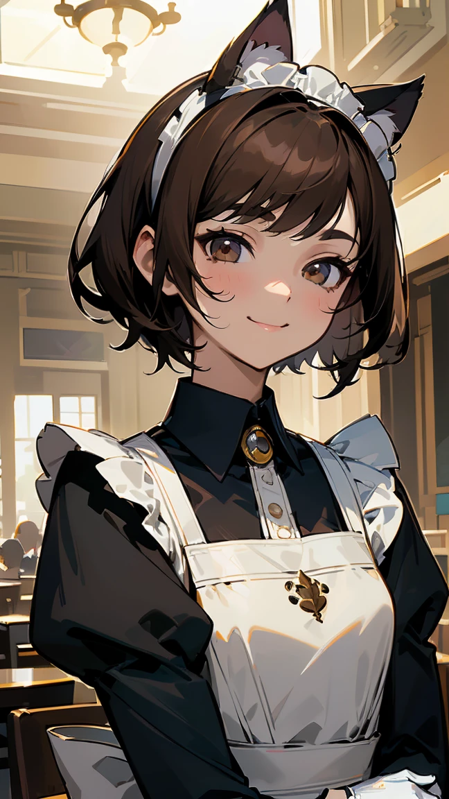 masterpiece, best quality, absurdres, score_9, score_8_up, score_7_up, source_anime, 1girl, deep brown eyes, room, wariza, medium hair, pixie bob haircut, black hair, happy face, portrait,, starshadowmagician, solo, Adult woman, best perfect anatomy, Pose with hands tucked behind ears, Cheek resting on hand, cafe, indoors, window, crowd, standing, steam, looking at viewer, cat kitten ears headband, Maid clothes, Long-sleeved, white format gloves, dynamic angle. perfect dynamic composition, upper body, smile, Shooting up close, Shooting from the side, hanging light, ceiling light, Cinematic lighting, potted plant, background: cafe,
