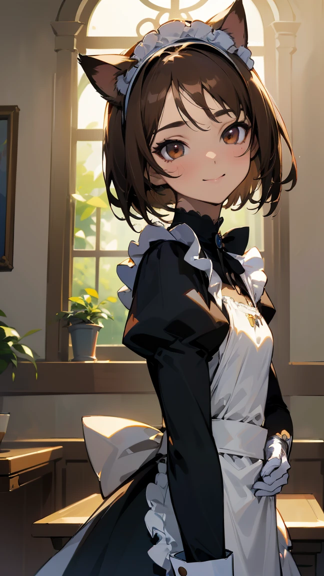 masterpiece, best quality, absurdres, score_9, score_8_up, score_7_up, source_anime, 1girl, deep brown eyes, room, wariza, medium hair, pixie bob haircut, black hair, happy face, portrait,, starshadowmagician, solo, Adult woman, best perfect anatomy, Pose with hands tucked behind ears, Cheek resting on hand, cafe, indoors, window, crowd, standing, steam, looking at viewer, cat kitten ears headband, Maid clothes, Long-sleeved, white format gloves, dynamic angle. perfect dynamic composition, upper body, smile, Shooting up close, Shooting from the side, hanging light, ceiling light, Cinematic lighting, potted plant, background: cafe,