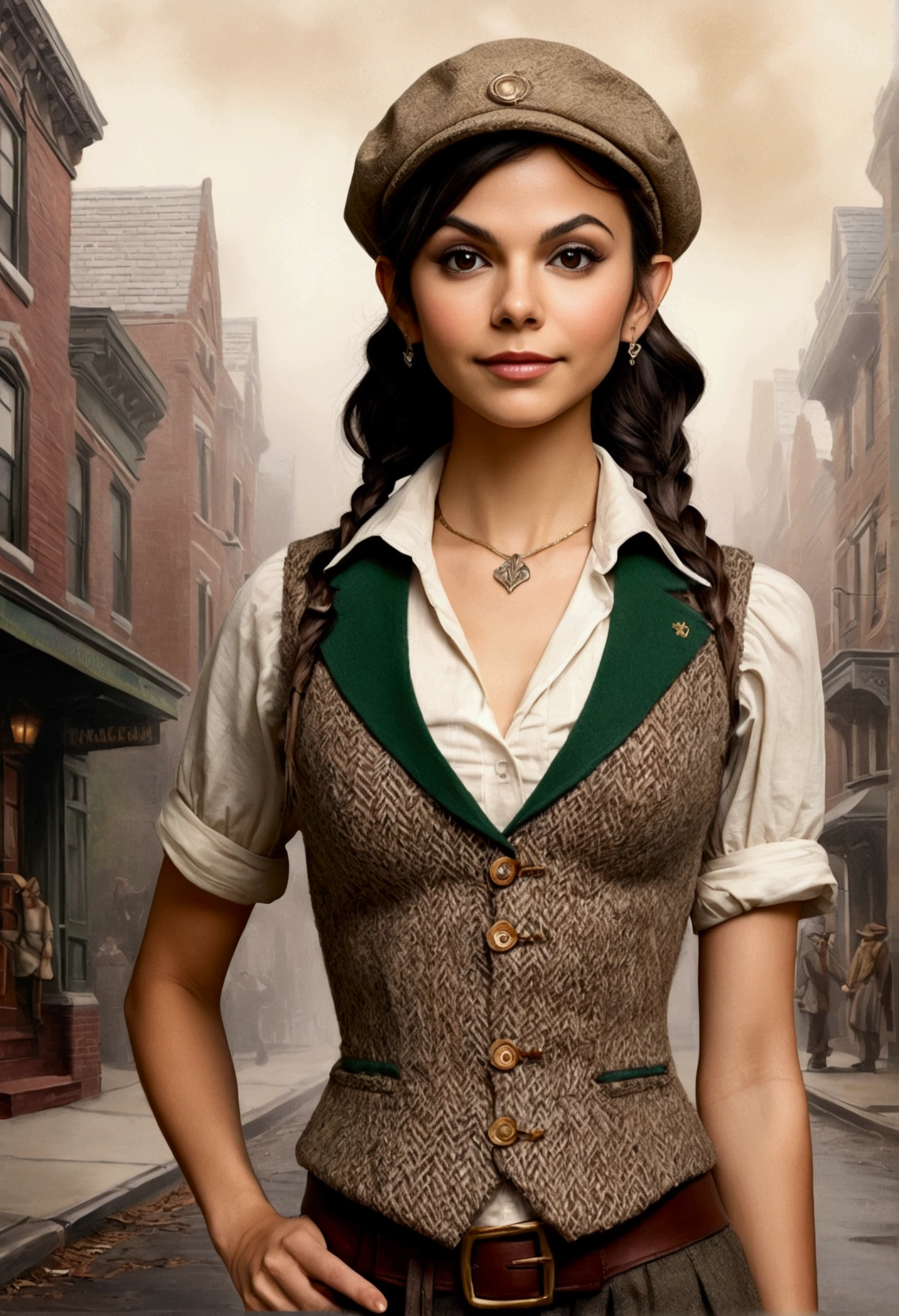 An illustrated movie poster, hand-drawn, full color, an elven maiden, wearing a tweed vest and a newsie cap, tall, toned, amazonian stature, athletic hourglass figure, busty bosom, narrow waist, wide hips, thick thighs, big butt, long pointy elf ears, amber eyes, dark hair, curly bob cut, warm almond skintone, freckles, resembles Victoria Justice, standing on a foggy Victorian-era street corner, graphite shading, stencil marks, airbrushed acrylic paint, masterpiece, elf ears