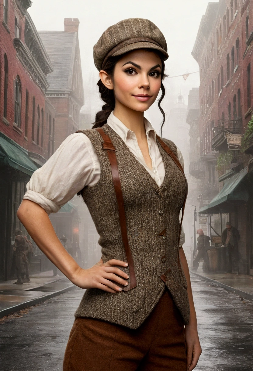 An illustrated movie poster, hand-drawn, full color, an elven maiden, wearing a tweed vest and a newsie cap, tall, toned, amazonian stature, athletic hourglass figure, busty bosom, narrow waist, wide hips, thick thighs, big butt, long pointy elf ears, amber eyes, dark hair, curly bob cut, warm almond skintone, freckles, resembles Victoria Justice, standing on a foggy Victorian-era street corner, graphite shading, stencil marks, airbrushed acrylic paint, masterpiece, elf ears