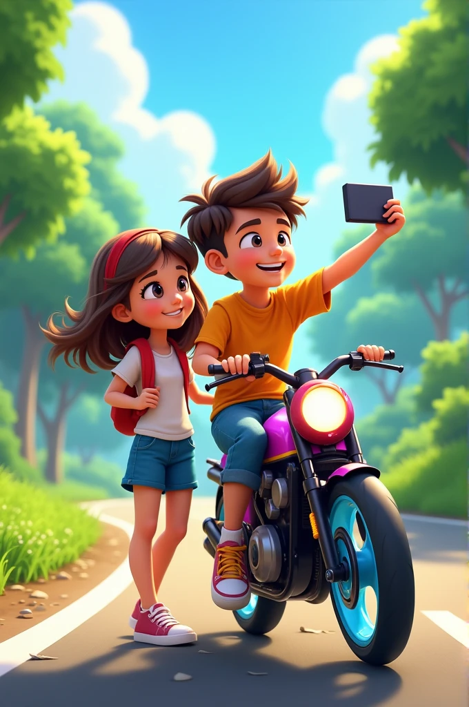 Create an image girl and boy taking selfie . Boy sitting on TVS Jupiter BIKE and girl standing next to him on road