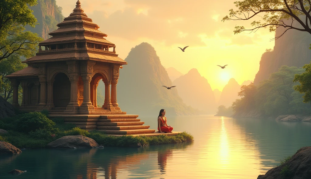 a beautiful long river and sun rise in the river and a hindu temple in the river a charming background preety girl sitting in the temple veerenda