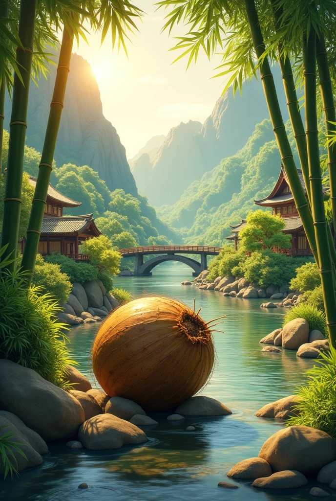 A digital artwork of a majestic fresh coconut in its natural habitat. A digital artwork of a majestic fresh coconut in its natural habitat. In the background, there are mountains with a few traditional japan houses. The word "KW PANICH" is creatively integrated into the image, with the letters made of bamboo full color stalks and placed along the riverbank. The image has a warm, golden hue, with the sunlight filtering through the trees. is walking through a lush green forest with a clear,flowing river. In the background, there are mountains with a few traditional japan houses. The word "KW PANICH" is creatively integrated into the image, with the letters made of bamboo full color stalks and placed along the riverbank. The image has a warm, golden hue, with the sunlight filtering through the trees.