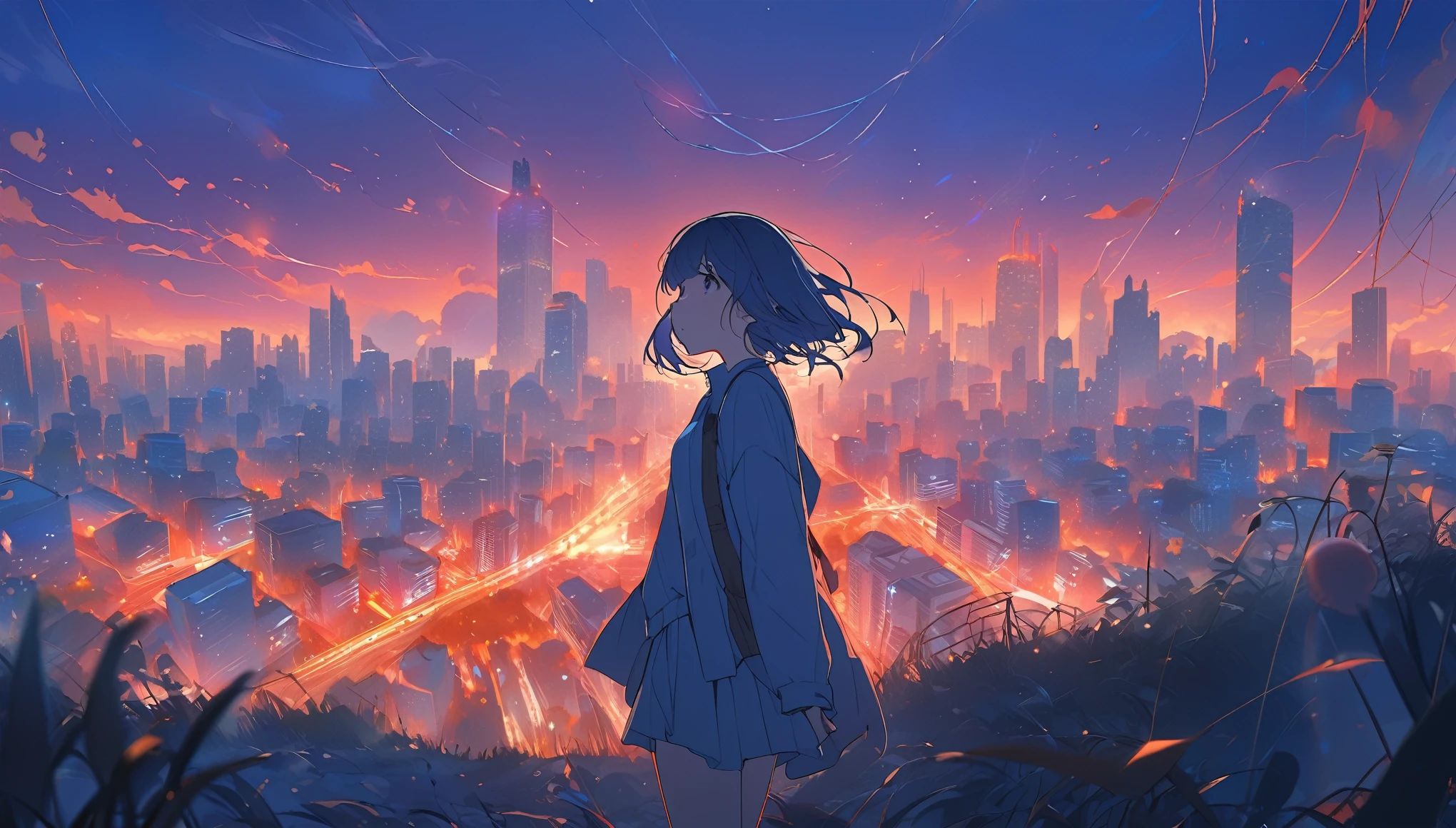 best quality, masterpiece, ultra detailed, city, landscape, scared, sad, excited, blue background, purple background, orange background, red background, dark fantasy, beautiful, long shot, wide shot, red, blue hues, pink, blue,Makoto Shinkai-style,