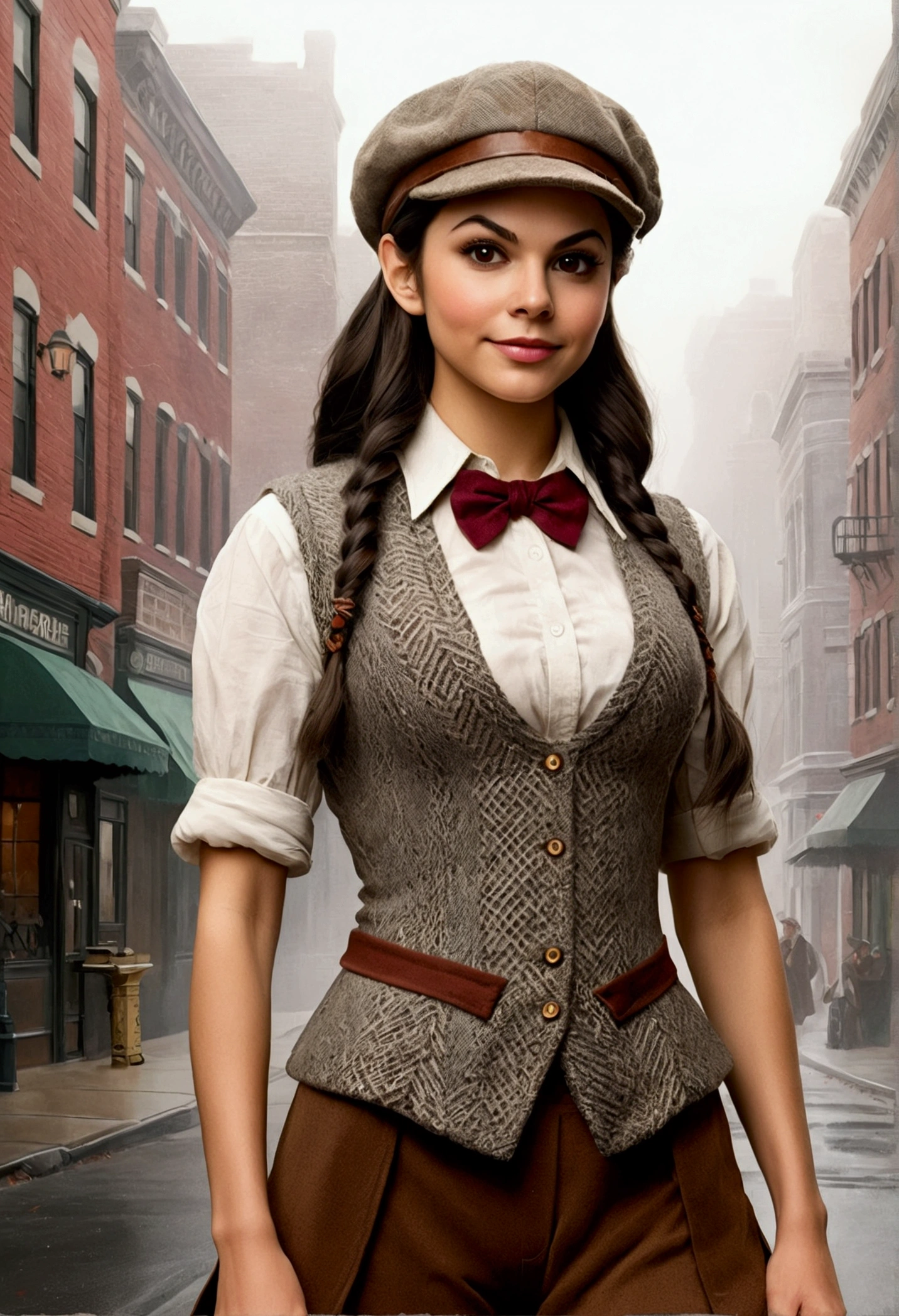 An illustrated movie poster, hand-drawn, full color, an elven maiden, wearing a tweed vest and a newsie cap, tall, toned, amazonian stature, athletic hourglass figure, busty bosom, narrow waist, wide hips, thick thighs, big butt, long pointy elf ears, amber eyes, dark hair, curly bob cut, warm almond skintone, freckles, resembles Victoria Justice, standing on a foggy Victorian-era street corner, graphite shading, stencil marks, airbrushed acrylic paint, masterpiece, elf ears
