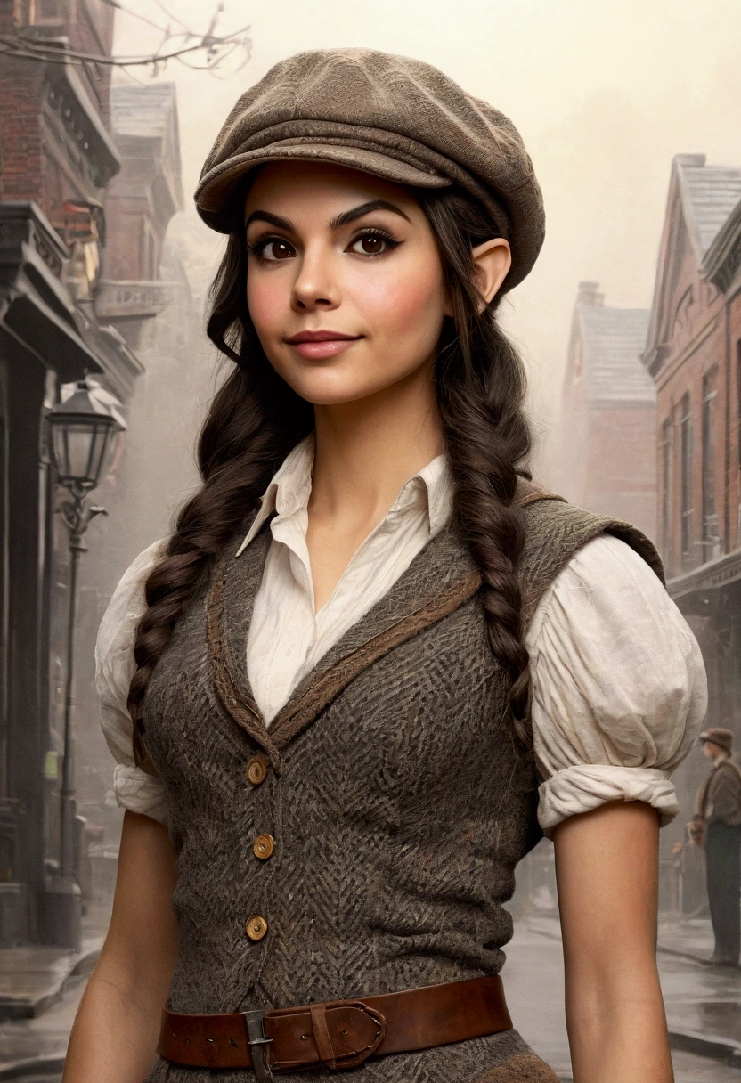 An illustrated movie poster, hand-drawn, full color, an elven maiden, wearing a tweed vest and a newsie cap, tall, toned, amazonian stature, athletic hourglass figure, busty bosom, narrow waist, wide hips, thick thighs, big butt, long pointy elf ears, amber eyes, dark hair, curly bob cut, warm almond skintone, freckles, resembles Victoria Justice, standing on a foggy Victorian-era street corner, graphite shading, stencil marks, airbrushed acrylic paint, masterpiece, elf ears
